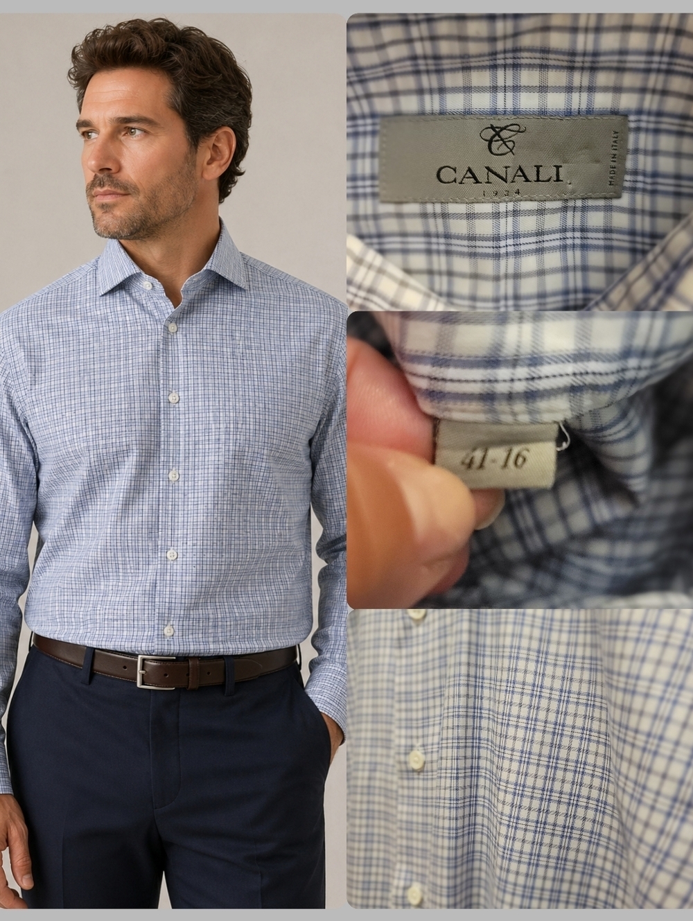 Canali Dress Shirt 41 x 16 Blue Check Made in Italy 100% Cotton Luxury Button Up